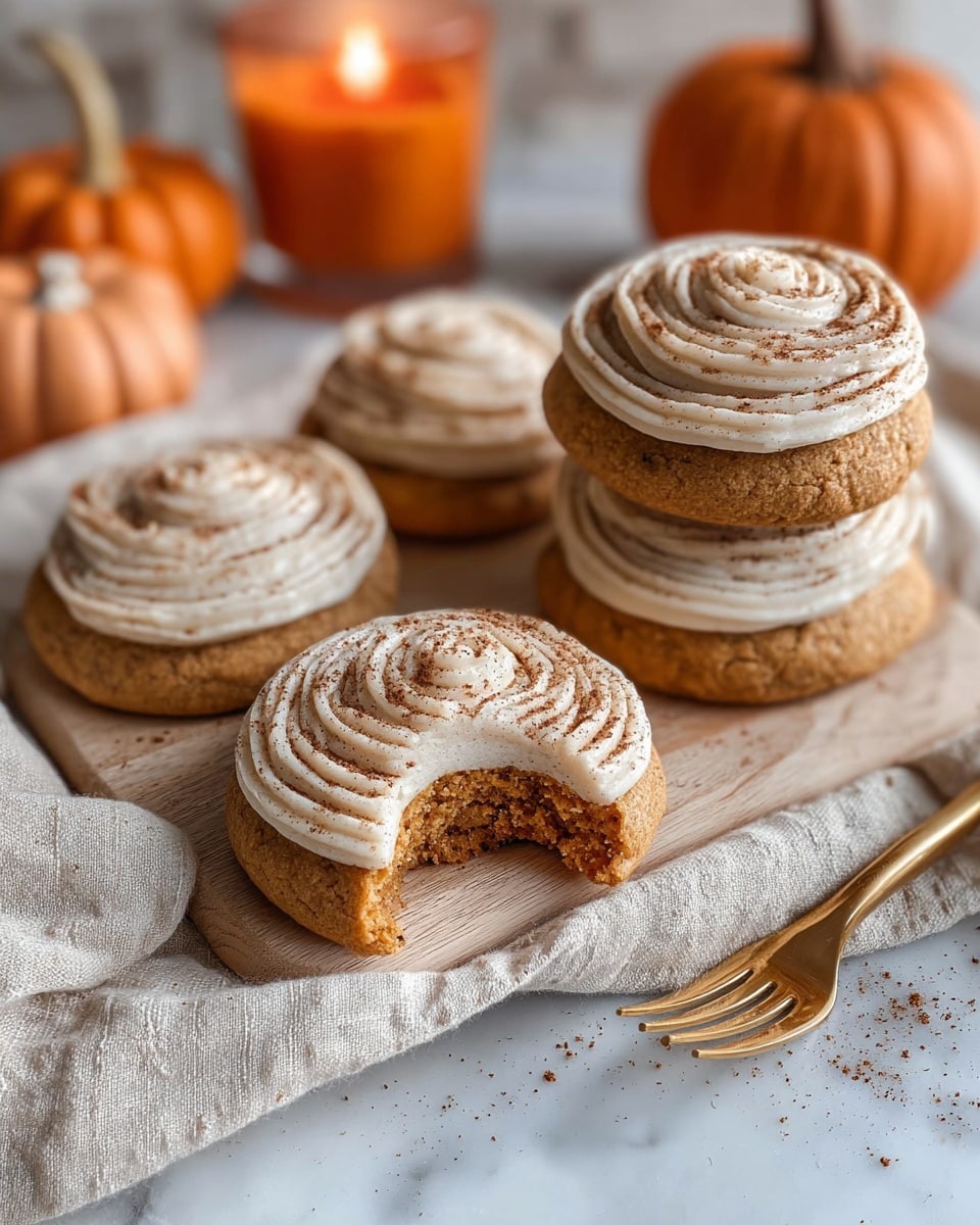 The image shows five soft, round cookies with a light orange-brown color arranged on a light wooden board on top of a cream-colored cloth with a fine texture. Each cookie is decorated with thick, swirled cream frosting on top, dusted with a fine brown powder. One cookie in the front has a bite taken out of it, showing its soft and crumbly inside with some crumbs scattered nearby. To the right, there is a stack of two cookies with a thick layer of cream frosting between them and more swirling frosting on top. In the blurred background, there are two small pumpkins and a lit orange candle in a clear glass container. A gold and wood fork lies on the cloth to the right. The whole scene is set on a white marbled surface. photo taken with an iphone --ar 4:5 --v 7