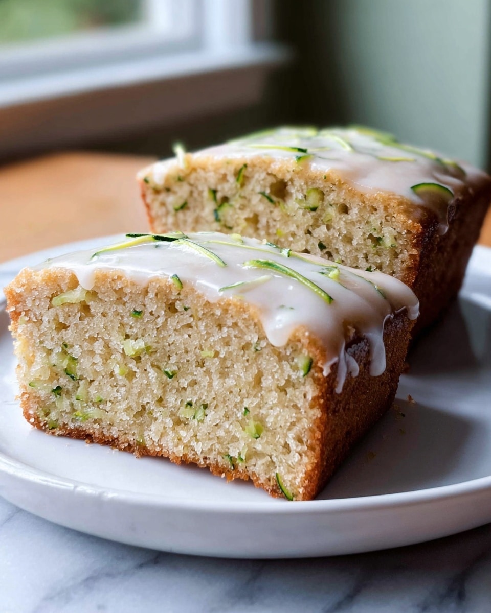 Two square pieces of moist cake are stacked on a wooden surface, each with a light yellow color mixed with green specks inside the cake, showing a fluffy texture. The top layer of each cake piece is covered with a smooth, glossy white glaze that slightly drips down the sides. The cake has a golden brown crust along the edges, contrasting with the soft interior. The background includes more pieces of the same cake, slightly blurred out. photo taken with an iphone --ar 4:5 --v 7