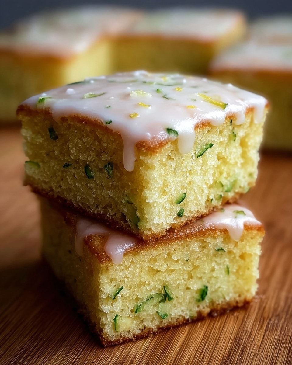 Two thick slices of moist cake sit on a white plate, each slice showing a light tan crumb speckled with small green pieces of zucchini. The top of the front slice is covered with a smooth, glossy white glaze that drips slightly down the sides, with thin green shreds visible through the glaze. The back slice is plain, showing a soft and airy texture with scattered zucchini bits inside. The plate is placed on a white marbled surface with soft natural light coming through a window in the background. photo taken with an iphone --ar 4:5 --v 7