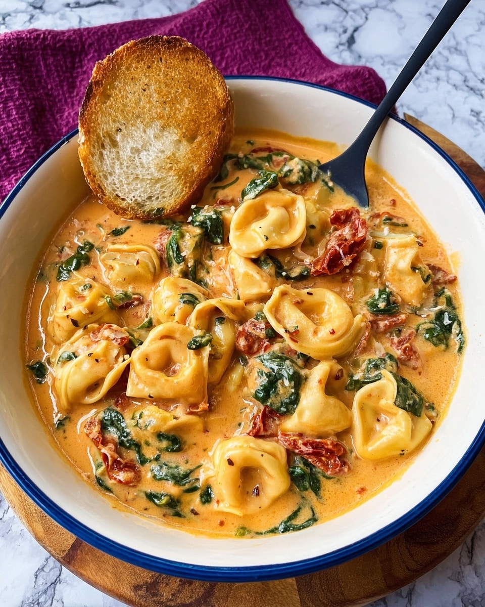 A white bowl with a blue rim holds creamy tortellini pasta coated in an orange sauce. The sauce contains pieces of spinach and red sun-dried tomatoes mixed evenly throughout. A toasted slice of bread rests on the side of the bowl, partially dipped in the sauce. A black spoon is placed inside the bowl, scooping some of the pasta. The bowl is set on a wooden surface with a purple cloth in the background, and the surface beneath is a white marbled texture. Photo taken with an iphone --ar 4:5 --v 7