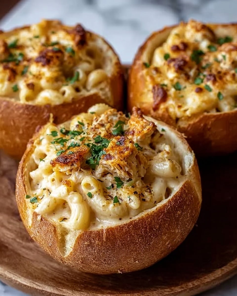The image shows three small round bread bowls filled with creamy baked macaroni and cheese. Each bread bowl has a golden brown crust with a soft white inside, hollowed out to hold the food. The macaroni has a smooth, light yellow cheese sauce with browned and slightly crispy cheese on top. Small pieces of baked chicken or bacon and green herbs are sprinkled over the cheese layer. The bread bowls are placed close together on a round wooden board, against a white marbled background. The dish looks warm, creamy, and colorful with a mix of beige, white, and green tones. Photo taken with an iphone --ar 4:5 --v 7