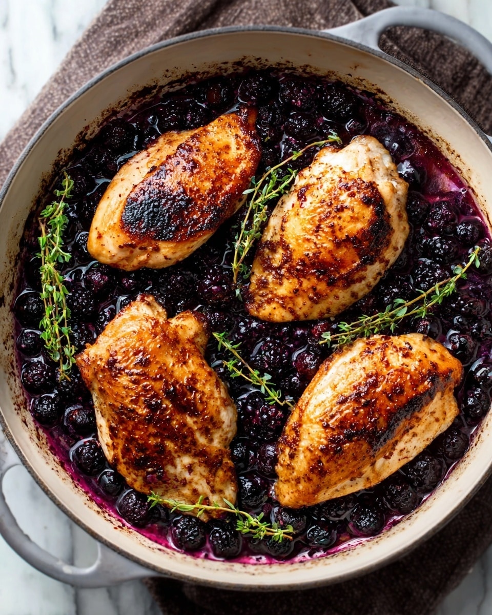 The image shows a white round pan filled with baked chicken breasts on top of a bed of dark blueberries. The chicken is golden brown with a slightly crispy texture, with some charred marks and seasoning visible on the skin. The blueberries underneath are deep purple, soft, and slightly crushed from cooking, adding a rich contrast in color. There is some fresh green thyme placed near the top edge of the pan, adding a touch of freshness. The pan sits on a white marbled textured surface with a dark cloth partially visible near the bottom right. photo taken with an iphone --ar 4:5 --v 7
