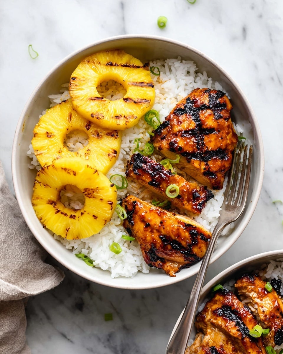 A white plate with several grilled pineapple rings forming a circle around the edge, their bright yellow color marked with dark grill lines. Inside the ring, there are glossy, deep brown grilled chicken thighs stacked in a slightly messy pile, each piece showing char marks and a sticky glaze. The chicken is topped with small pieces of bright green chopped scallions scattered unevenly, adding a fresh contrast against the rich colors. The plate rests on a white marbled surface. photo taken with an iphone --ar 4:5 --v 7