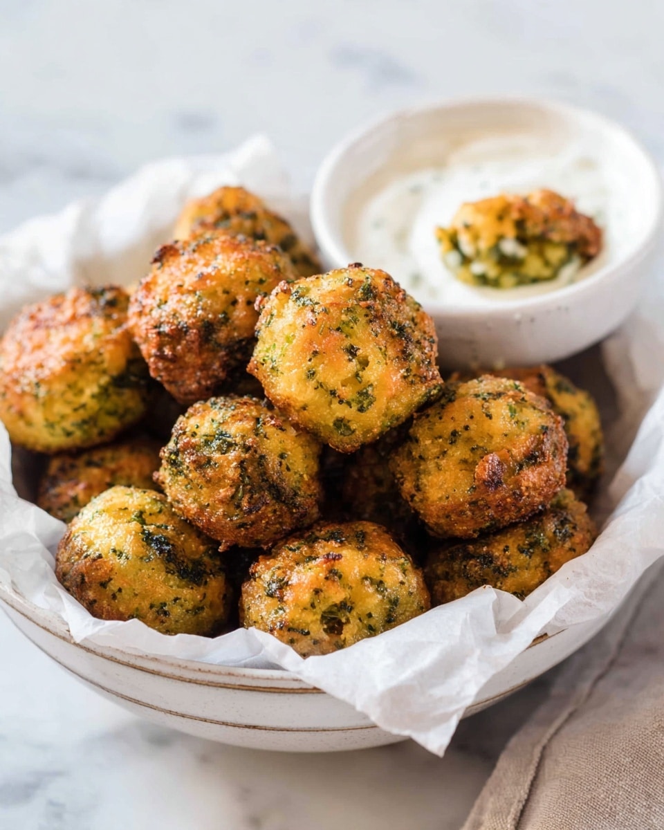 A white bowl lined with white parchment paper holds a pile of round, golden-brown broccoli cheese bites with a crispy texture and visible pieces of green broccoli throughout. In the background, a small white bowl contains a thick, creamy white dipping sauce, with one broccoli cheese bite partially dipped in it. The scene is set on a white marbled surface, giving a clean and fresh look. photo taken with an iphone --ar 4:5 --v 7