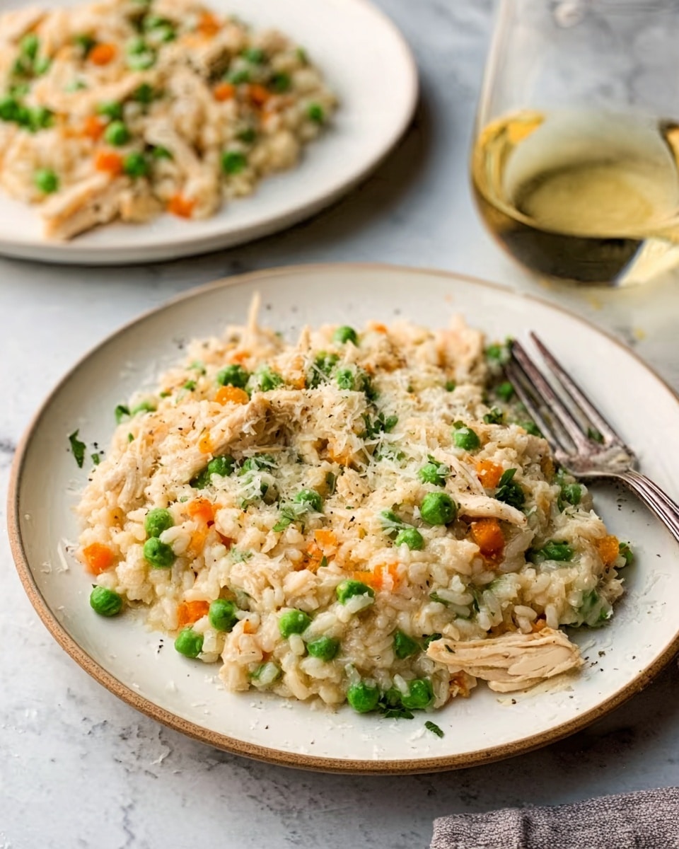 A white plate with a creamy risotto made of light beige rice, sprinkled with small green peas and tiny orange carrot pieces mixed in. On top, there is shredded light brown cooked chicken layered evenly, adding texture to the smooth rice. A fork rests on the edge of the plate, and in the background, there is another white plate with more risotto slightly blurred. The surface under the plate is a white marbled texture. A glass of white wine is placed to the right side of the plate. photo taken with an iphone --ar 4:5 --v 7