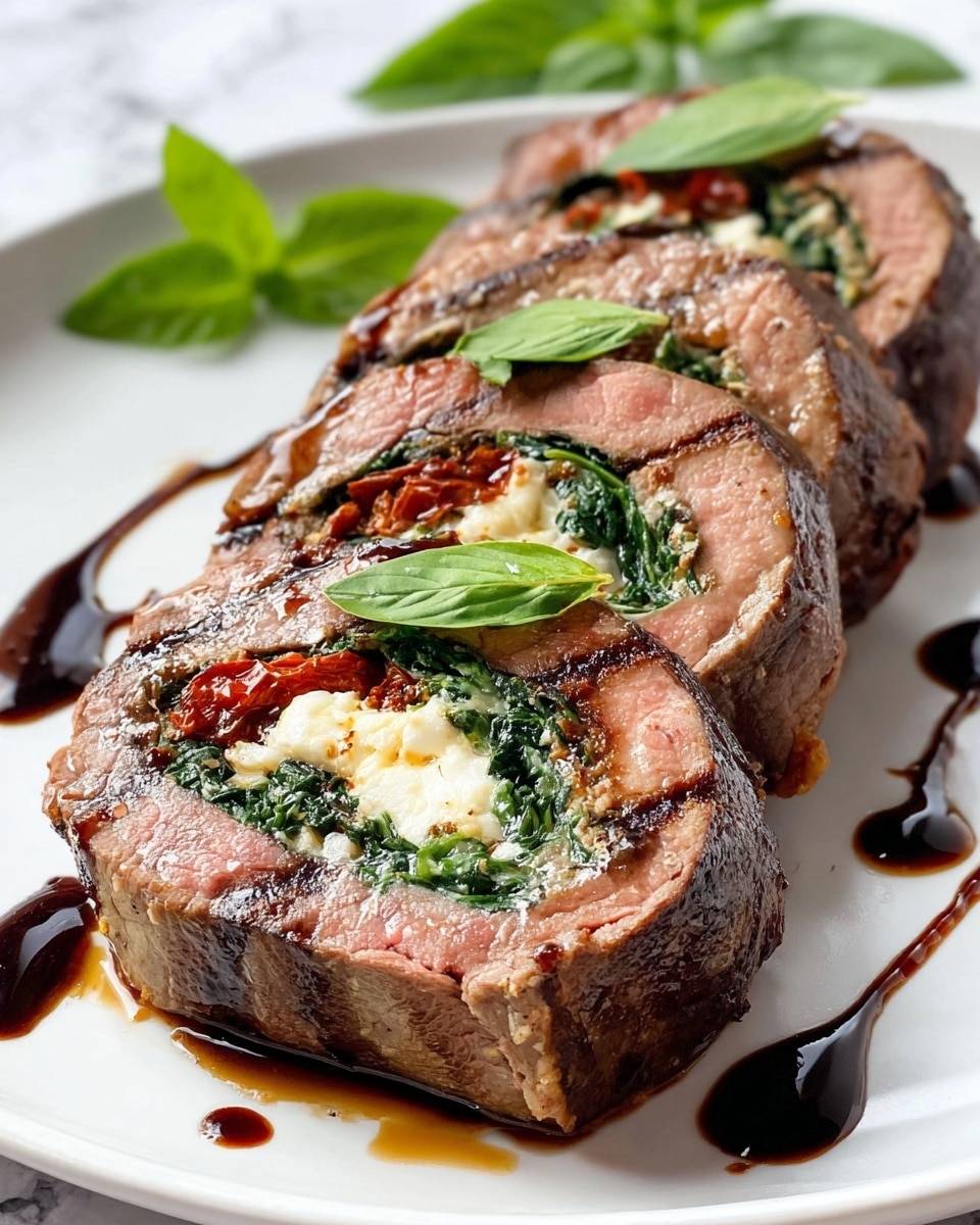 The image shows three thick slices of stuffed beef rolls placed on a white plate resting on a white marbled surface. Each beef roll has three visible layers: the outer grilled beef layer is dark brown with thin grill marks, the middle layer is a mix of bright green spinach and creamy white cheese, and small sun-dried tomato pieces with a deep red color are embedded inside. A drizzle of dark balsamic glaze streaks across the beef slices and plate, adding a glossy finish. Each slice is topped with one fresh green basil leaf for decoration. Photo taken with an iphone --ar 4:5 --v 7