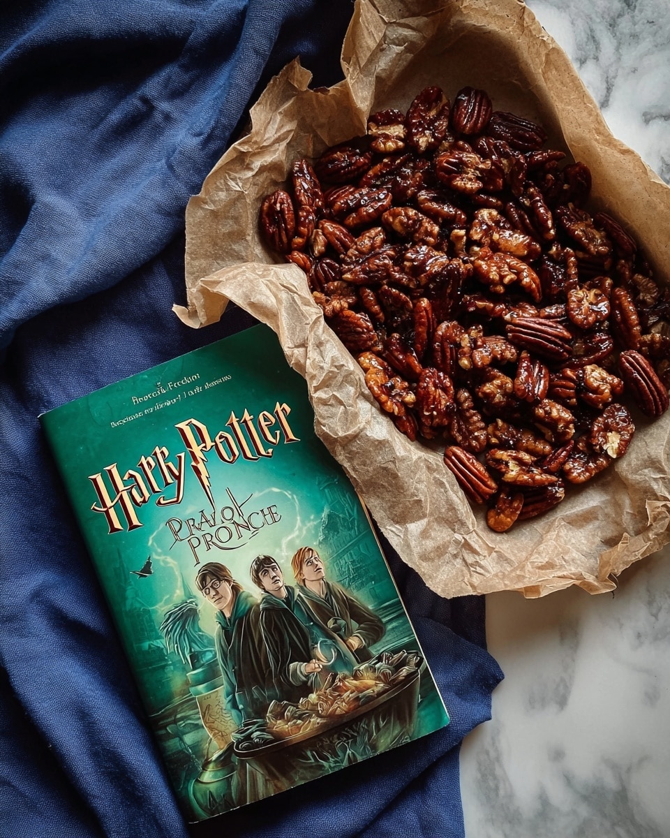 A close-up view of a mix of glazed nuts including whole and halved pecans, almonds, cashews, and walnuts, showing a glossy, dark brown coating with specks of salt pieces on them. The nuts are piled together inside a white paper-lined container, where the crinkled paper adds texture and soft beige tones around the rich brown nuts. The background features a white marbled surface that adds a clean and subtle contrast to the warm colors of the nuts and paper. photo taken with an iphone --ar 4:5 --v 7