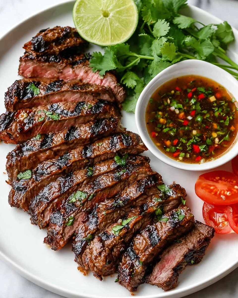 The image shows a wooden board with five pieces of grilled steak arranged in a loose row; the steaks have a rich brown color with black char marks and are garnished with small green cilantro leaves. The middle pieces are sliced to show a juicy pink center. On the left side of the board, there are two lime wedges with bright green skin and light green flesh. On the right, some fresh green lettuce leaves and a red chili pepper add color. A small white bowl containing a green sauce, sprinkled with herbs, is partially visible at the top right corner. The whole scene is set on a white marbled texture. Photo taken with an iphone --ar 4:5 --v 7