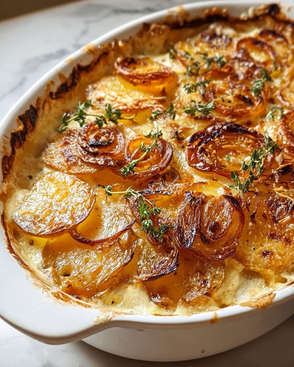 A white oval casserole dish filled with layered potato gratin, showing at least three thin layers of golden-brown baked potato slices, some with a crispy, slightly charred texture, topped with caramelized onion rings that have a deep golden to dark brown color. The surface is dotted with small sprigs of fresh green thyme adding a fresh contrast. The creamy sauce underneath has bubbled up slightly around the edges, creating a rich, melted look. The dish sits on a white marbled surface, emphasizing the warm tones of the gratin. photo taken with an iphone --ar 4:5 --v 7