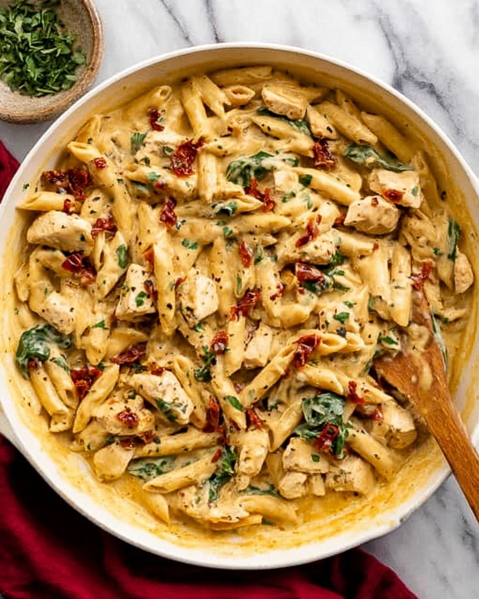 The image shows a white pan filled with creamy pasta. The pasta is penne, coated with a thick, light orange sauce. Mixed in are chunks of white chicken, pieces of red sun-dried tomatoes, and fresh green spinach leaves. The sauce looks smooth and rich, with a few specks of black pepper on top. A wooden spoon rests in the pan, partially covered in the sauce. The background has a white marbled texture with a small bowl of green herbs visible at the top right corner. Photo taken with an iphone --ar 4:5 --v 7