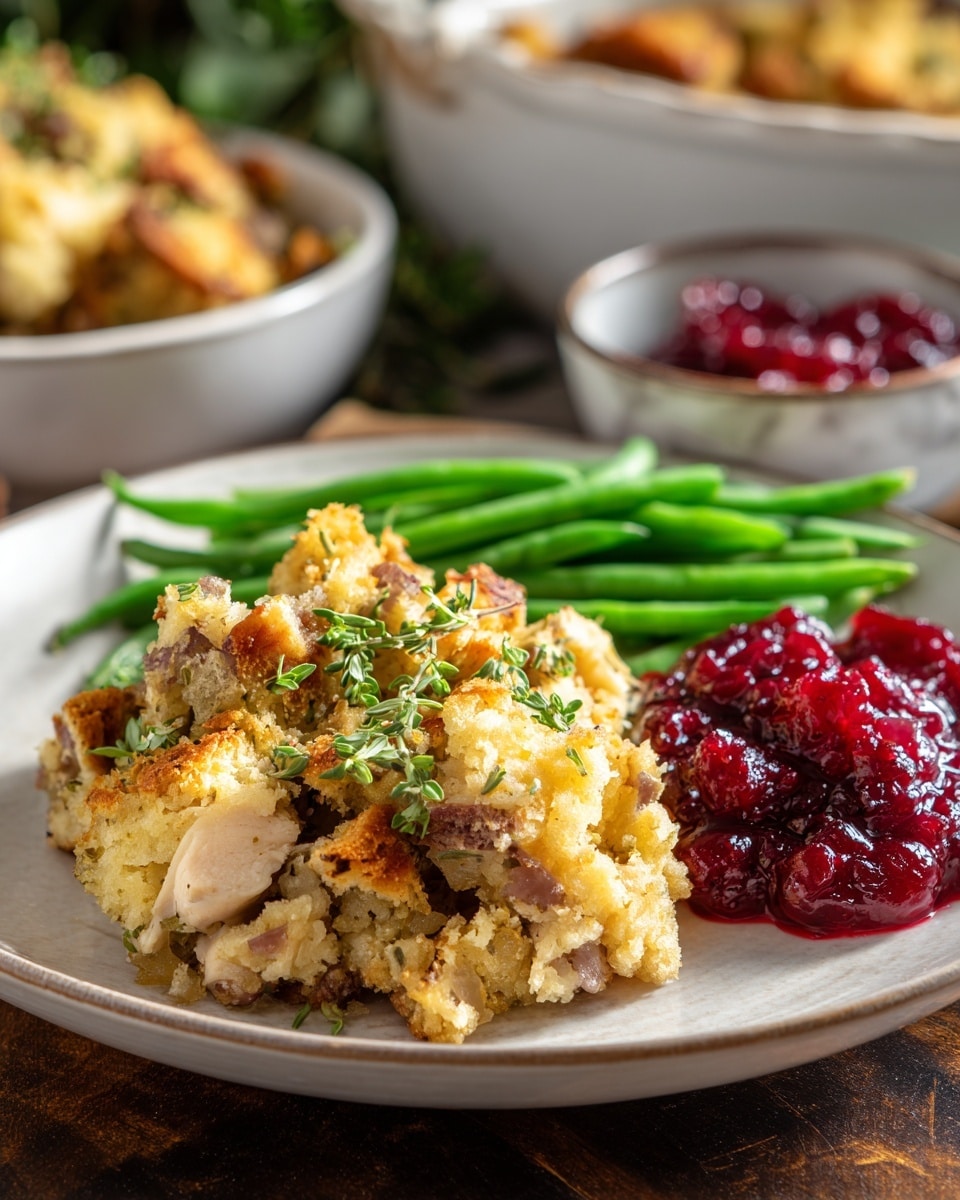 A white plate holds a serving of stuffing with a golden-brown crumbly top layer mixed with soft cooked pieces of turkey, garnished with green herbs. To the side, there is a neat pile of bright green cooked green beans that look fresh and firm. Next to the beans, there is a scoop of red cranberry sauce with a glossy, bumpy texture from whole cranberries. The plate is on a white marbled surface, and in the background, there are blurred bowls containing extra cranberry sauce and what looks like more stuffing. photo taken with an iphone --ar 4:5 --v 7