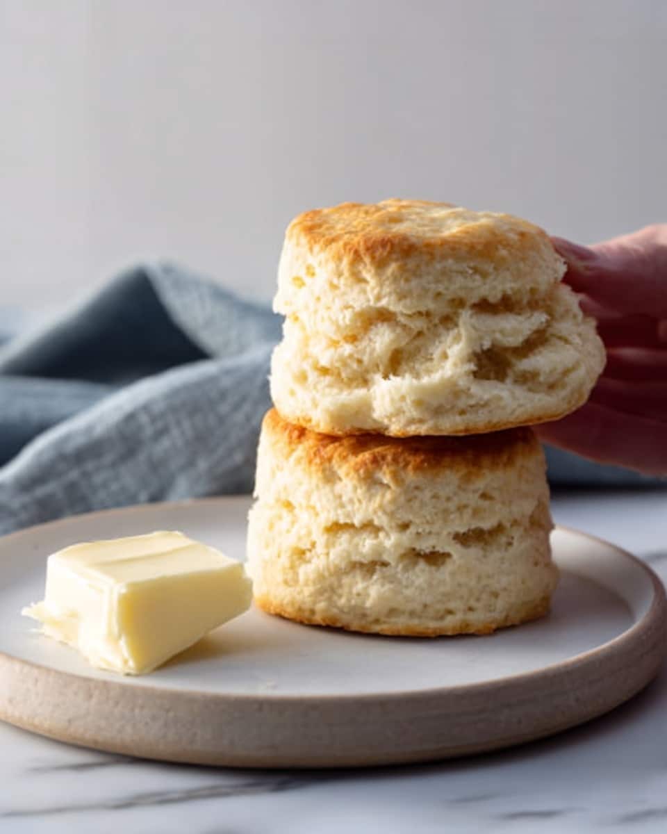 The image shows five golden-brown biscuits with a soft and fluffy inside texture, stacked and placed on a round wooden tray. One biscuit is cut in half, showing its airy and light crumb, positioned next to the tray on a wooden surface replaced with a white marbled texture. In the background, there is a small white bowl of creamy butter and a glass jar of honey, adding warm colors to the scene. Light steam rises gently from the biscuits, highlighting their freshness and warmth. The setup is simple and cozy, with natural light enhancing the warm tones and textures of the biscuits. photo taken with an iphone --ar 4:5 --v 7