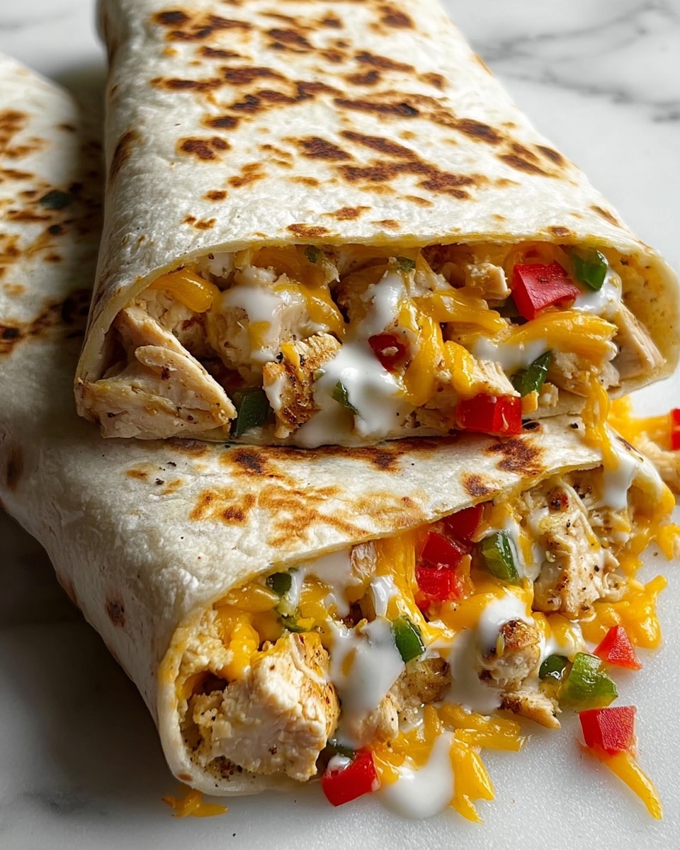 Two grilled wraps lie side by side on a surface with a white marbled texture. Each wrap is filled with creamy white sauce, shredded chicken pieces, and colorful small diced vegetables including red and green bell peppers and yellow corn. The wraps have a slightly crispy, golden brown outer layer with some darker toasted spots. Small green herb pieces are sprinkled on top of the wraps for garnish. The image is very close up, showing the texture of the filling and the grill marks on the soft tortilla. Photo taken with an iphone --ar 4:5 --v 7