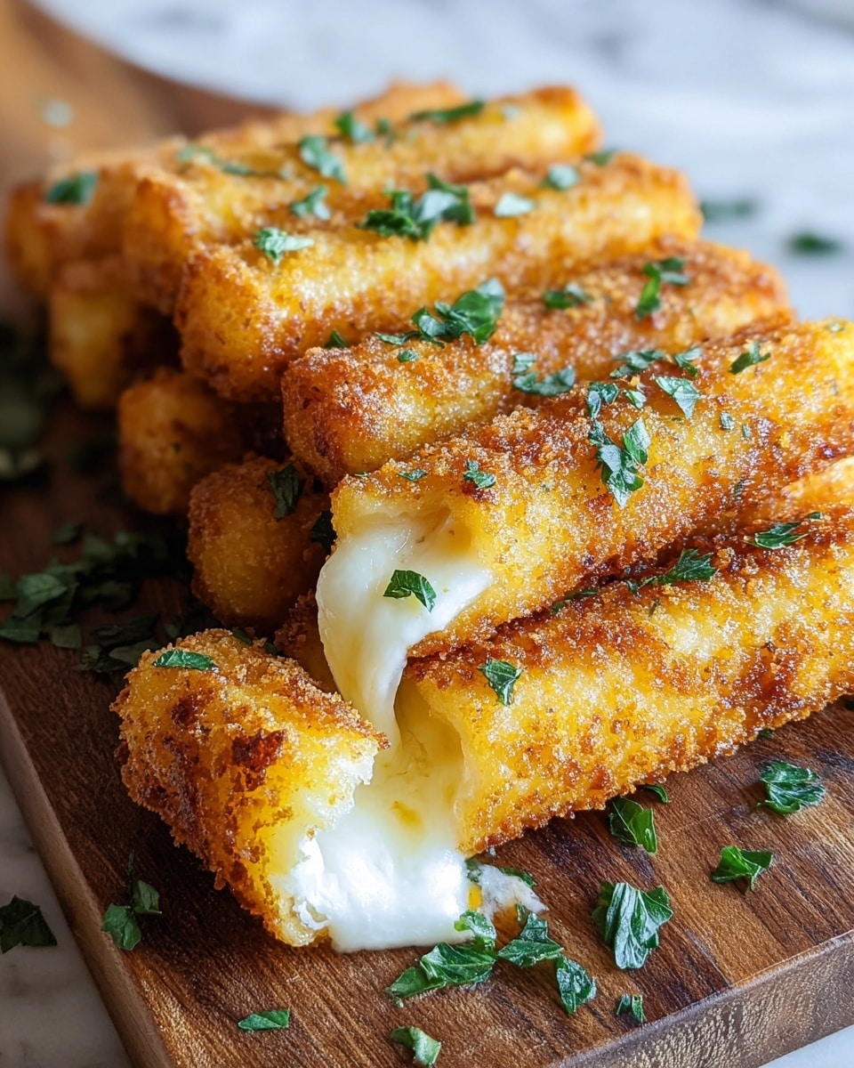 The image shows four golden brown, crispy cheese sticks arranged side by side on a dark wooden board with a white marbled texture beneath it. Each stick has a crunchy outer layer with melted cheese inside, visible through the open end of the closest stick, which shows creamy off-white cheese with a smooth texture. Small green chopped herbs are scattered on top of the sticks and around the board for garnish. The sticks have a slightly rough texture from the crispy coating and a rich yellow-orange color from the cheese. photo taken with an iphone --ar 4:5 --v 7