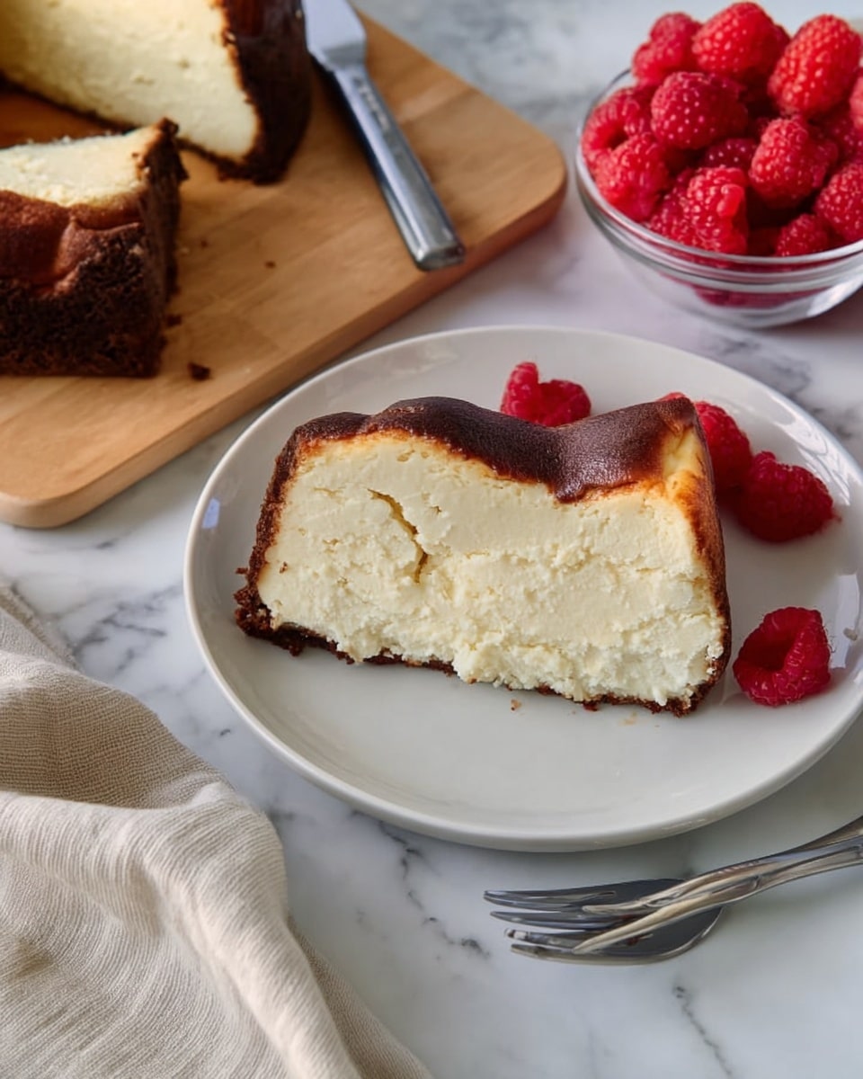 The image shows a rectangular burnt Basque cheesecake placed on crumpled brown parchment paper on a round white plate on a white marbled surface. The cheesecake has a dark brown, almost burnt top layer with a slightly cracked texture, while the inside layers are a creamy pale yellow with a smooth and soft texture. Two thick slices are cut and slightly separated from the main cheesecake block, showing the inside clearly. To the right, there is a large cake knife resting on the white marbled surface, and in the upper corner are stacked white plates with two spoons on top. A woman's hand touches the edge of the parchment paper near the cheesecake. Photo taken with an iphone --ar 4:5 --v 7