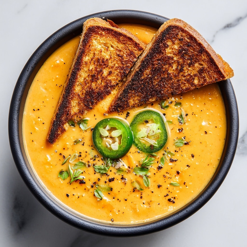 A black bowl filled with creamy orange soup topped with small pieces of green and red vegetables, two triangular toasted bread slices with a golden brown crust sit resting on the edge, slightly overhanging the bowl, all placed on a surface with white marbled texture. photo taken with an iphone --ar 4:5 --v 7