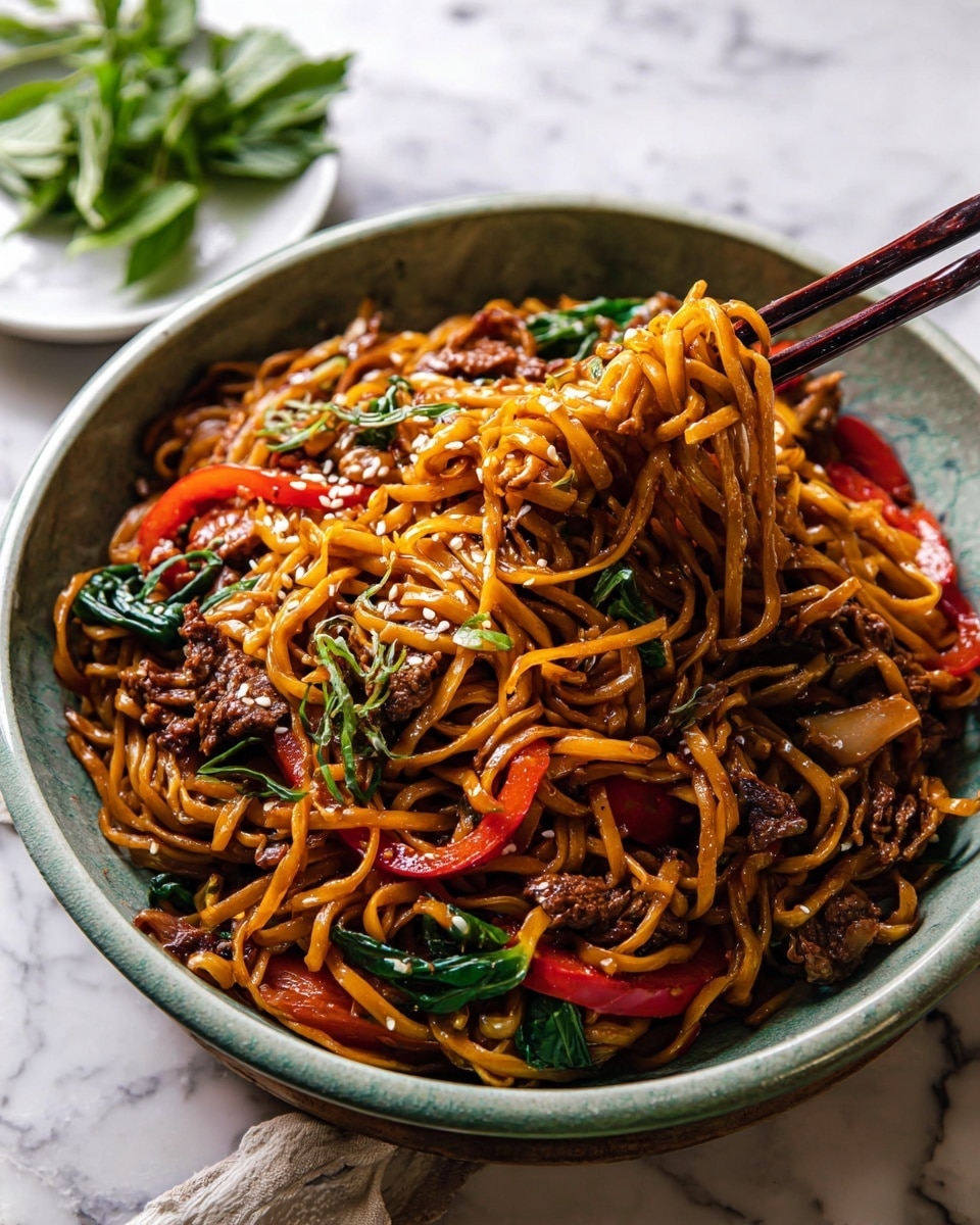A bowl filled with a single layer of stir-fried noodles that are light brown and glossy from sauce, mixed with thin red bell pepper strips and green basil leaves scattered evenly throughout. There are pieces of browned meat interspersed among the noodles, sprinkled with small white sesame seeds. The bowl is white and sits on a white marbled surface. A few green herb sprigs rest on the side of the noodles. The image has a close-up view showing the texture and shine of the dish. photo taken with an iphone --ar 4:5 --v 7