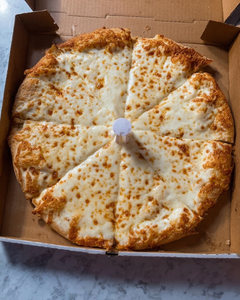 The image shows a pizza with a thick, golden-brown crust forming the base layer. On top of this crust is a layer of white melted cheese covering the entire surface, with slight browning and bubbling for texture. The cheese layer is shiny and smooth with spots of toasted golden brown scattered evenly. The pizza is sliced into eight pieces and placed inside an open cardboard pizza box on a white marbled surface. A small white plastic pizza saver sits in the center of the pizza, holding the box lid's space. Photo taken with an iphone --ar 4:5 --v 7