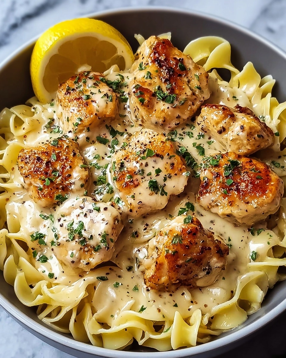 A white shallow bowl holds a bed of wide, wavy egg noodles that are pale yellow and have a soft texture, slightly curled at the edges. On top of the noodles sits a grilled chicken breast with a golden brown, slightly charred surface, giving it a crispy look. The chicken is covered with a thick, creamy beige sauce that has tiny pieces of mushrooms and specks of herbs mixed in. Chopped green herbs are sprinkled over the sauce and chicken, adding a fresh touch. The bowl is set on a white marbled surface. photo taken with an iphone --ar 4:5 --v 7