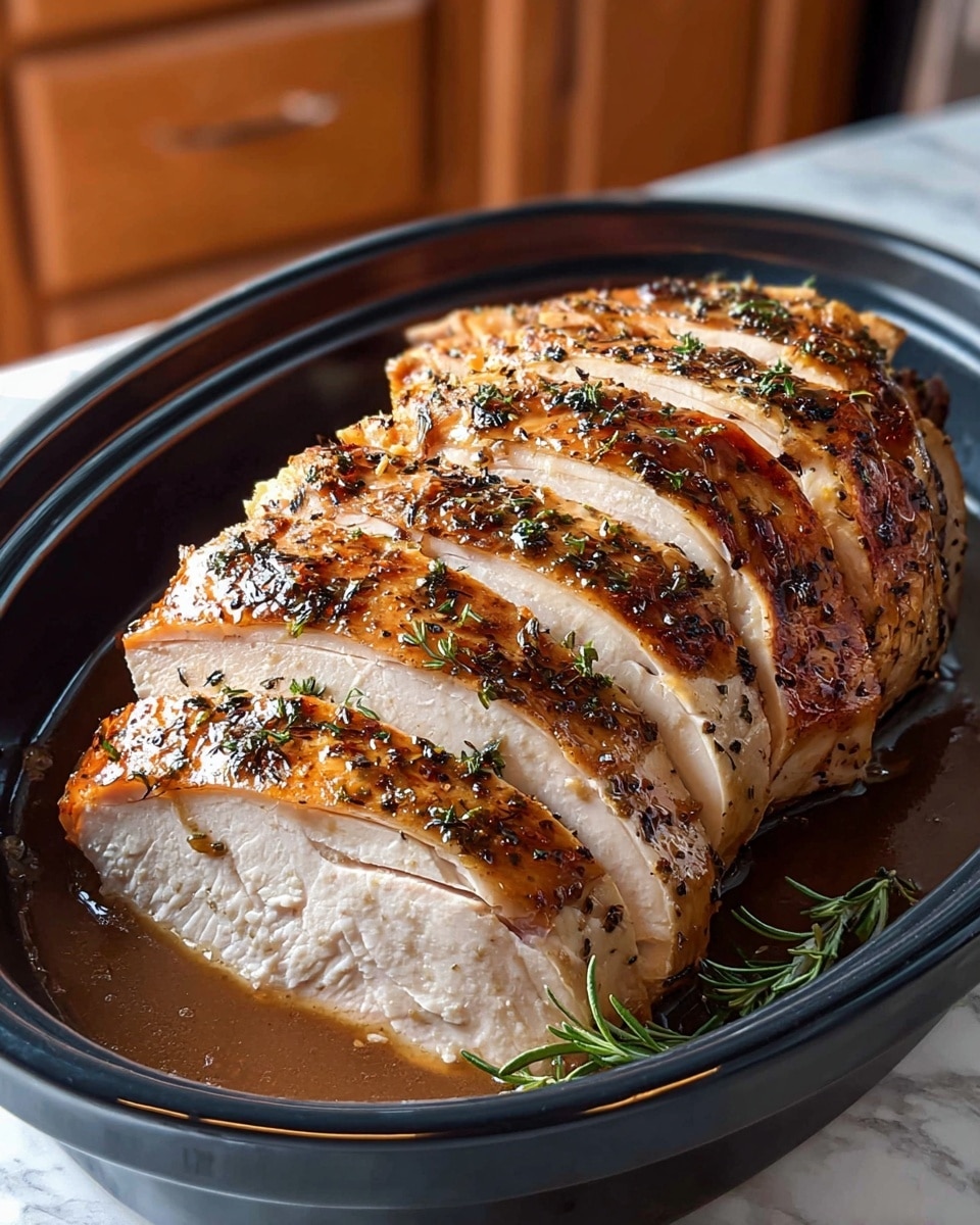 A sliced cooked turkey breast with a golden-brown, crispy skin sprinkled with herbs and black pepper sits in a black oval dish filled with dark brown gravy. The turkey has five visible slices, each showing the white moist meat inside and the rich, seasoned outer crust. The dish rests on a white marbled surface with a wooden cabinet blurred in the background. Photo taken with an iphone --ar 4:5 --v 7