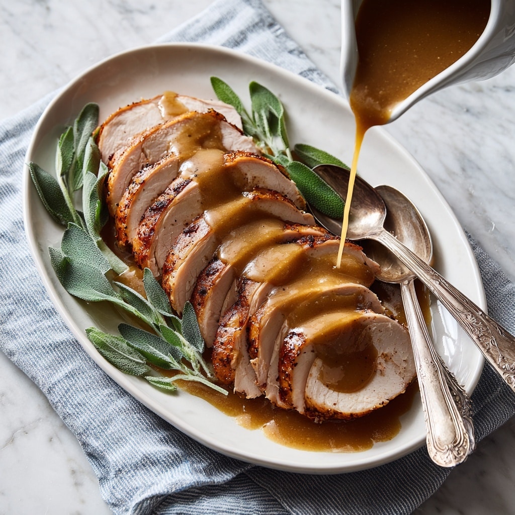 A white oval plate holds a sliced roast turkey breast arranged in a neat row with seven pieces visible, each slice showing a light brown, juicy interior and a darker browned crust on the edges. The turkey is covered with a rich, creamy brown gravy being poured over the middle slices. Fresh green sage leaves are placed around the turkey as garnish. Two vintage silver serving spoons rest on the right side of the plate, and the plate sits on a soft blue and white striped cloth. The background is a white marbled texture. photo taken with an iphone --ar 4:5 --v 7