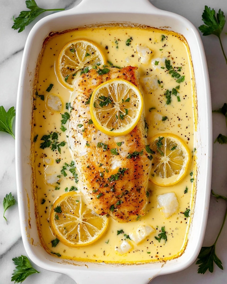 The dish is a single, thick piece of golden-brown baked fish fillet placed in the center of a white rectangular baking dish. It sits in a creamy yellow sauce that fills the dish, with the edges of the sauce lightly browned. Around the fish, there are three bright yellow lemon slices partially submerged in the sauce. Small white chunks and finely chopped green herb leaves are sprinkled over the fish and scattered in the sauce, adding color contrast. Black specks of ground pepper are also visible on the fish and sauce. The dish is on a white marbled surface with some green parsley leaves placed around. photo taken with an iphone --ar 4:5 --v 7