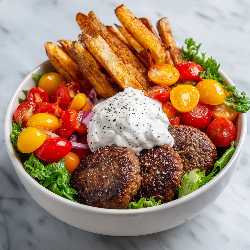 A white bowl filled with a colorful meal on a white marbled texture surface features several layers: at the bottom and edges, there are fresh green lettuce leaves and mixed cherry tomatoes of red, yellow, and orange colors with juicy, glossy textures; on one side, two browned burger patties take up space with a slightly rough, cooked surface sprinkled with coarse salt and pepper; next to them, thick, crispy golden-brown fries are stacked unevenly with visible salt flakes; atop the fries and patties sits a generous dollop of creamy white sauce speckled with black pepper. Photo taken with an iphone --ar 4:5 --v 7
