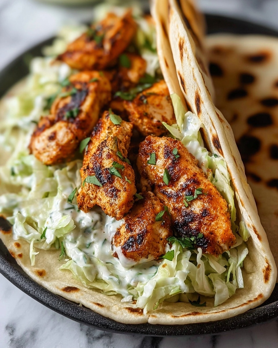 The image shows a close-up of a taco with three layers. The bottom layer is a soft, warm white tortilla with light brown grill marks, curved to hold the filling. On top of the tortilla is a layer of finely shredded pale green cabbage mixed with a light creamy sauce, giving it a slightly wet texture. The top layer consists of several pieces of grilled chicken, golden brown with charred edges and specks of seasoning, garnished with small bits of fresh green herbs. The taco rests in a black plate placed on a white marbled surface. photo taken with an iphone --ar 4:5 --v 7