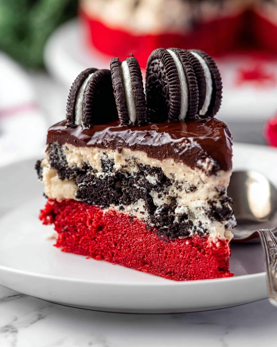 The image shows a three-layer cake on a white cake stand with a white marbled background. The bottom layer is bright red and looks soft and crumbly. The middle layer is creamy white with visible Oreo cookie pieces mixed throughout, adding a rough, chunky texture. The top layer is a smooth, dark chocolate ganache, shiny and rich, topped with halved Oreo cookies. Red crumbs are scattered around the cake's base on the stand. In the background and around the stand, there are deep red roses and red fabric, adding a romantic touch. Photo taken with an iphone --ar 4:5 --v 7