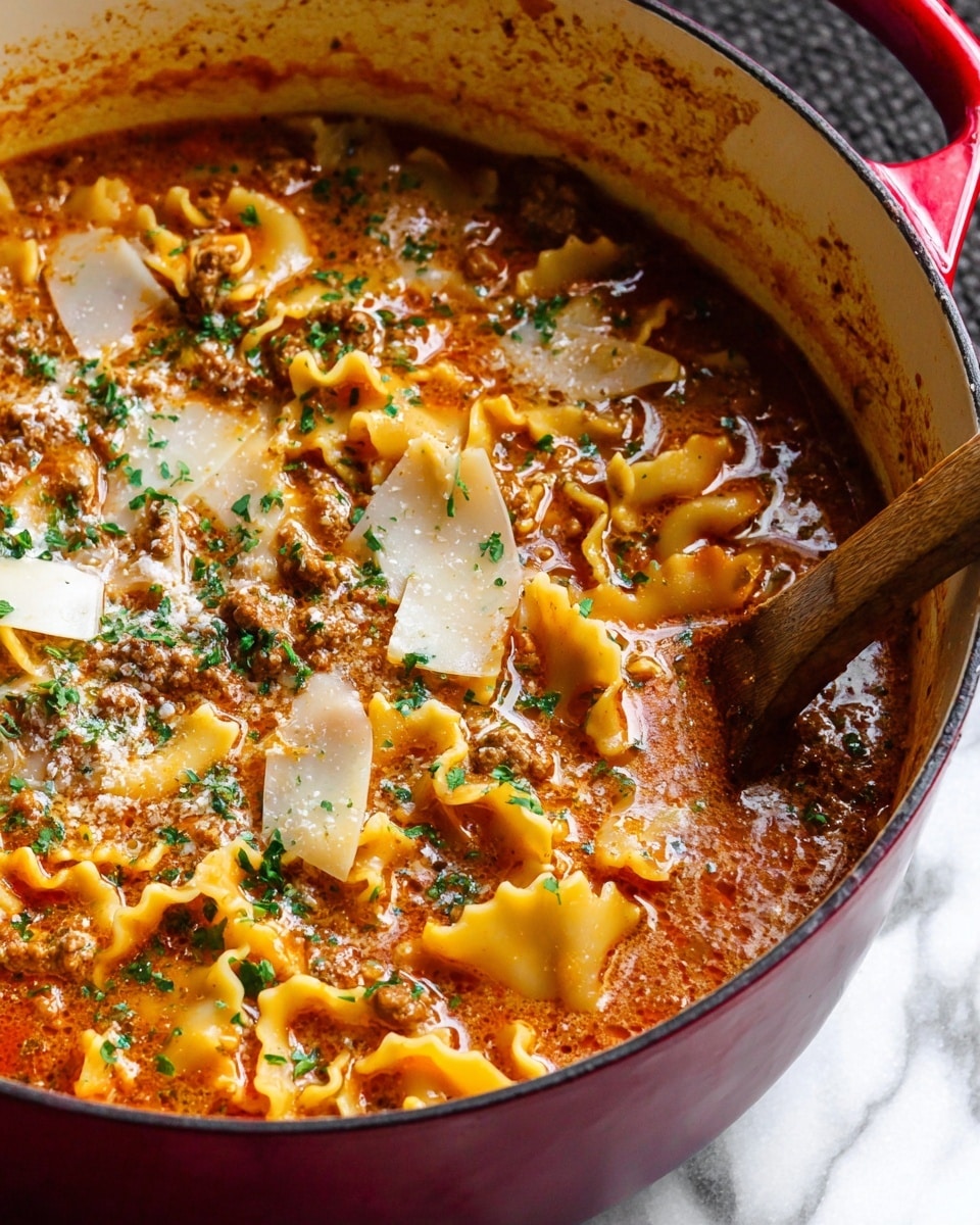 A bowl of lasagna soup with visible layers of wide pasta noodles that are light yellow and wavy, mixed with dark brown cooked ground meat, dark green spinach leaves mostly on top, and melted white cheese scattered throughout. The soup base is a rich red tomato broth filling the bowl. The bowl itself is round with a light brown speckled edge. Around the bowl, a white marbled surface holds a small black bowl filled with grated cheese, some fresh spinach leaves, a textured cloth, and gold-colored fork and spoon. Photo taken with an iphone --ar 4:5 --v 7