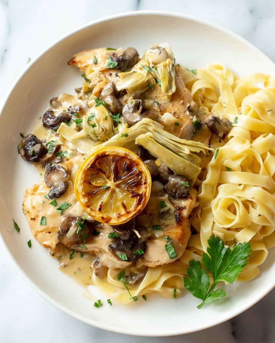 This image shows a round silver pan filled with six golden-brown breaded chicken pieces arranged close together on top of a creamy light yellow sauce. The sauce has chunks of pale yellow artichoke hearts and green capers scattered throughout. Shredded white cheese and small bits of fresh green parsley are sprinkled evenly over the chicken and sauce, adding texture and color contrast. The pan is set on a white marbled surface. photo taken with an iphone --ar 4:5 --v 7