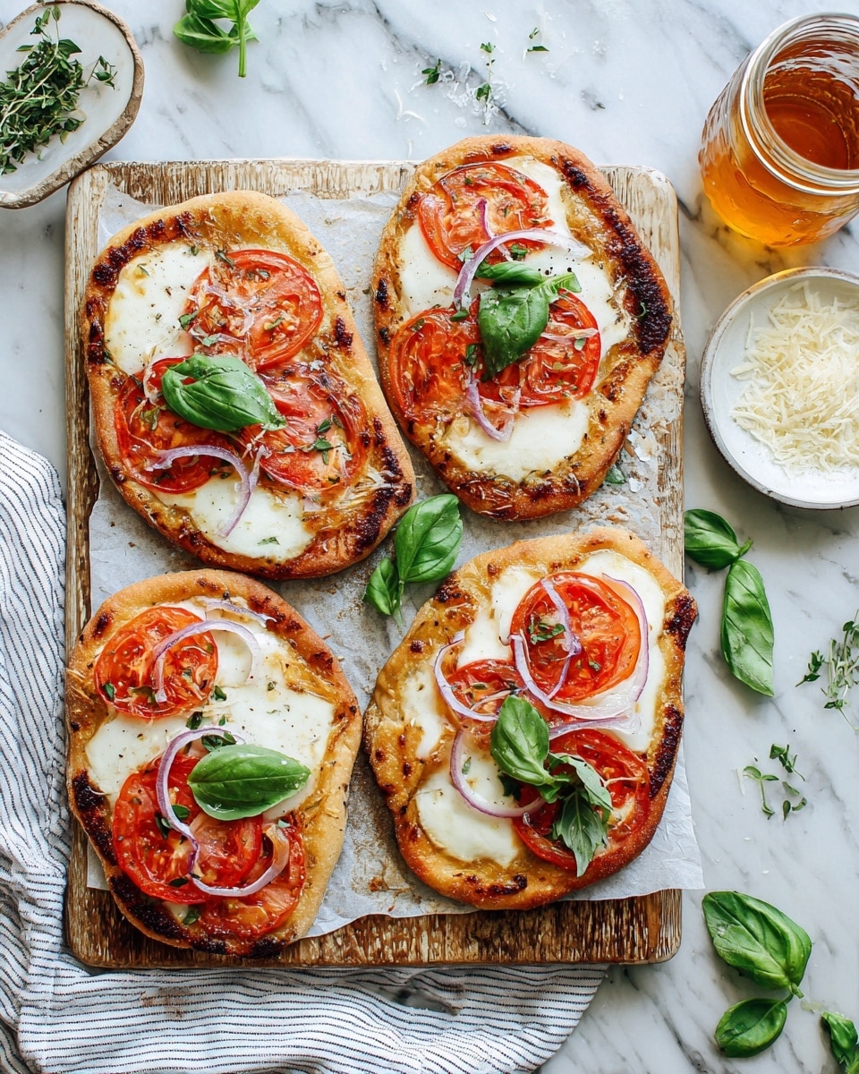 The image shows four small oval flatbreads arranged on a wooden board placed over a white marbled surface with a striped cloth partially visible. Each flatbread has a golden-brown crust with some slightly darker spots from baking. On top, there are layers of melted white cheese, slices of bright red tomato, and thin rings of light purple onion. Fresh green basil leaves are scattered on each flatbread, adding a vibrant contrast. Around the board, there are small green herbs sprinkled, and a small white plate with grated cheese and a glass jar with amber liquid are visible. Photo taken with an iphone --ar 4:5 --v 7