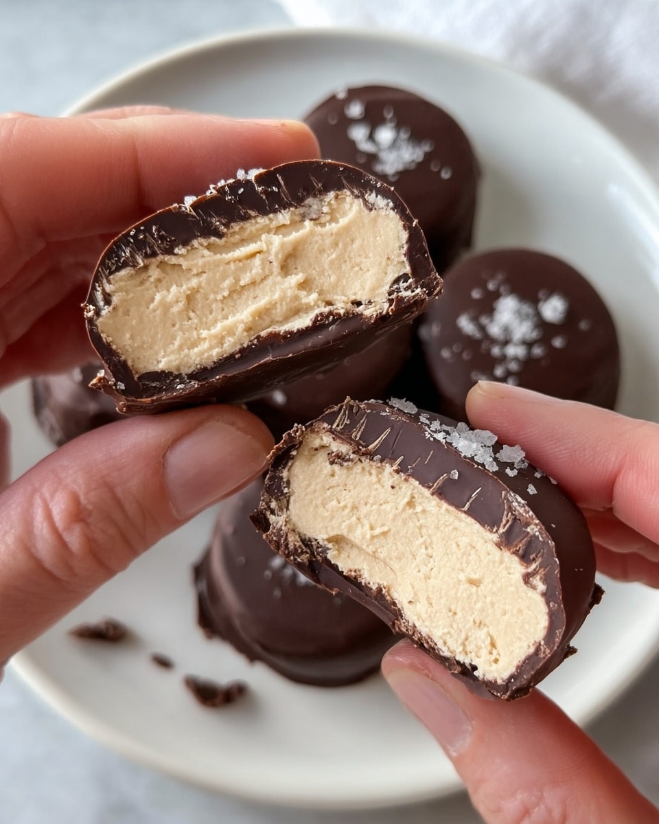 A close-up view shows a woman's hand holding two halves of a round chocolate-covered treat. The outer layer is dark brown chocolate with a slightly shiny surface and a few grains of coarse salt on top. Inside, there is a thick, smooth, light beige cream filling with a soft, slightly crumbly texture. The halves are held above a white plate resting on a white marbled surface, with more whole chocolate-covered pieces scattered on the plate. photo taken with an iphone --ar 4:5 --v 7