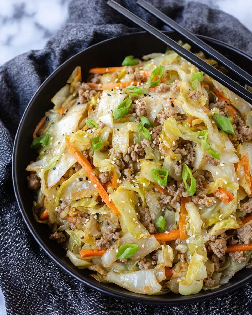 A close-up view of a black bowl filled with a stir-fry dish featuring three main layers: at the bottom, light yellow-white cooked cabbage pieces with a soft, slightly wilted texture; mixed throughout are small chunks of light brown cooked ground meat; scattered on top are thin strips of bright orange carrot and green sliced spring onions adding fresh color. The dish is sprinkled with small white sesame seeds and specks of black pepper. Two black chopsticks rest on the edge of the bowl, which is set on a dark gray cloth over a white marbled surface. Photo taken with an iphone --ar 4:5 --v 7