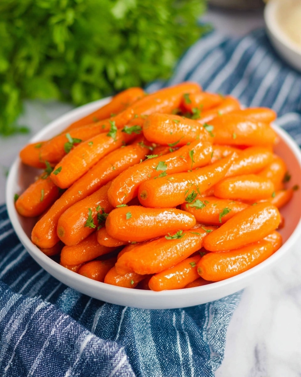 Inside a black slow cooker filled with bright orange baby carrots, some showing a slight caramelized texture with brown spots. The carrots sit in a shiny brown sauce that pools at the bottom, with fresh green thyme sprigs scattered on top, adding a touch of vibrant color. The scene is set on a white marbled texture surface. photo taken with an iphone --ar 4:5 --v 7