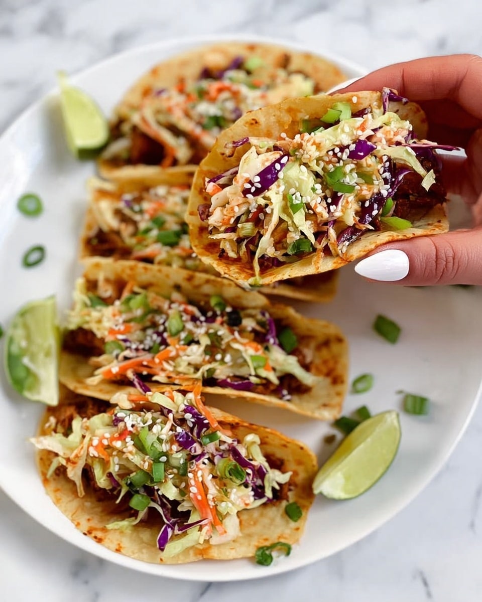 The image shows four crispy wonton cups placed on a white rectangular plate on a white marbled surface. Each wonton cup is filled with a colorful mixture of shredded green and purple cabbage, thin orange carrot strips, chopped green onions, and chickpeas. The wonton wrappers are golden brown and crunchy, holding the mixed filling tightly. On the plate, there is a small white bowl filled with red dipping sauce positioned near the back left, with a green lime wedge placed near the front right side. Scattered bits of the colorful filling and green onion pieces are spread around the plate, adding freshness and texture to the presentation. Photo taken with an iphone --ar 4:5 --v 7