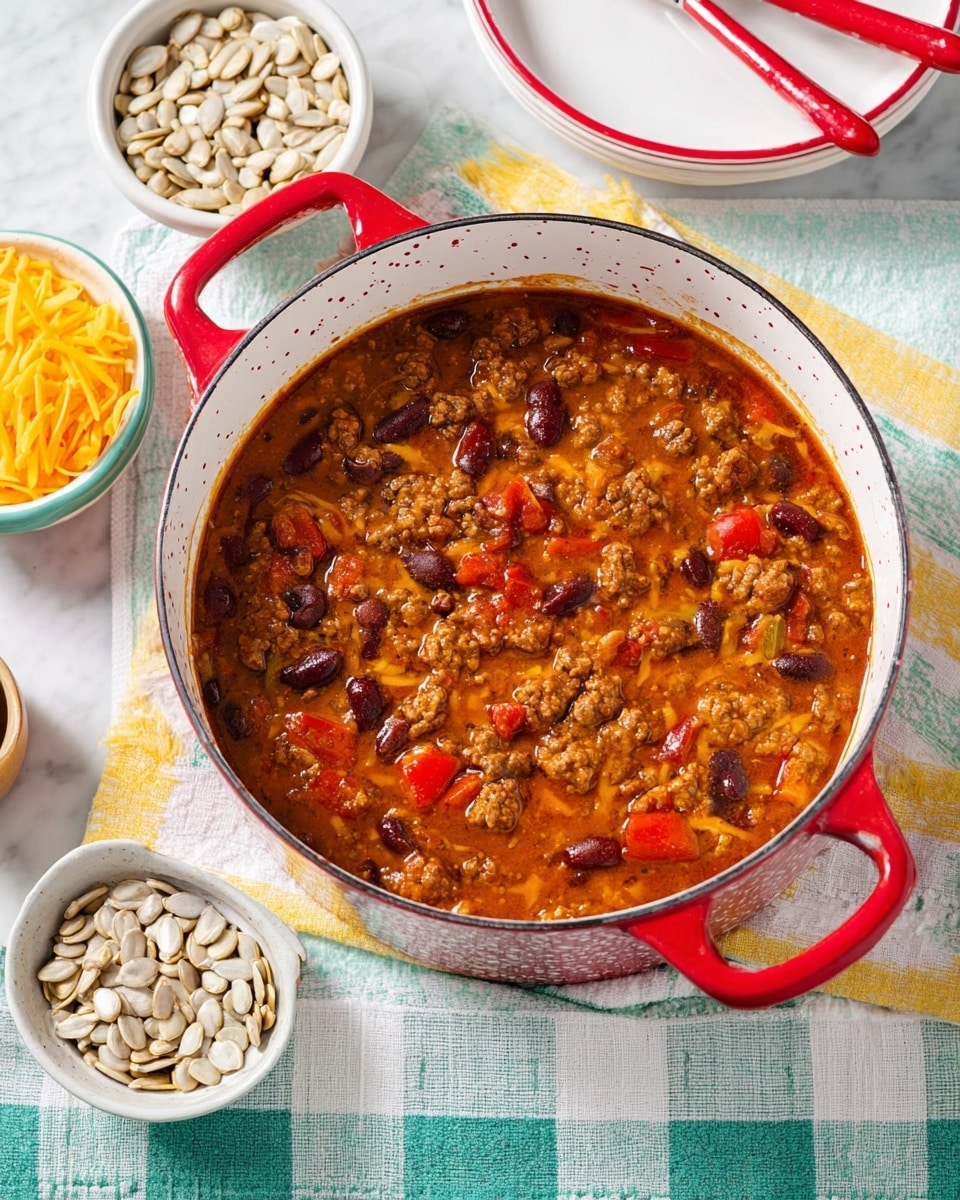 A red and white speckled pot filled with thick chili, showing layers of dark red kidney beans, ground meat chunks, chopped red bell peppers, and a rich orange-brown sauce with a slightly oily surface; the pot sits on a white and yellow striped cloth over a white marbled surface, surrounded by a white bowl with mixed white and brown pumpkin seeds, a white bowl with shredded yellow cheese, and white plates with red rims and spoons on a white and teal checkered cloth. photo taken with an iphone --ar 4:5 --v 7