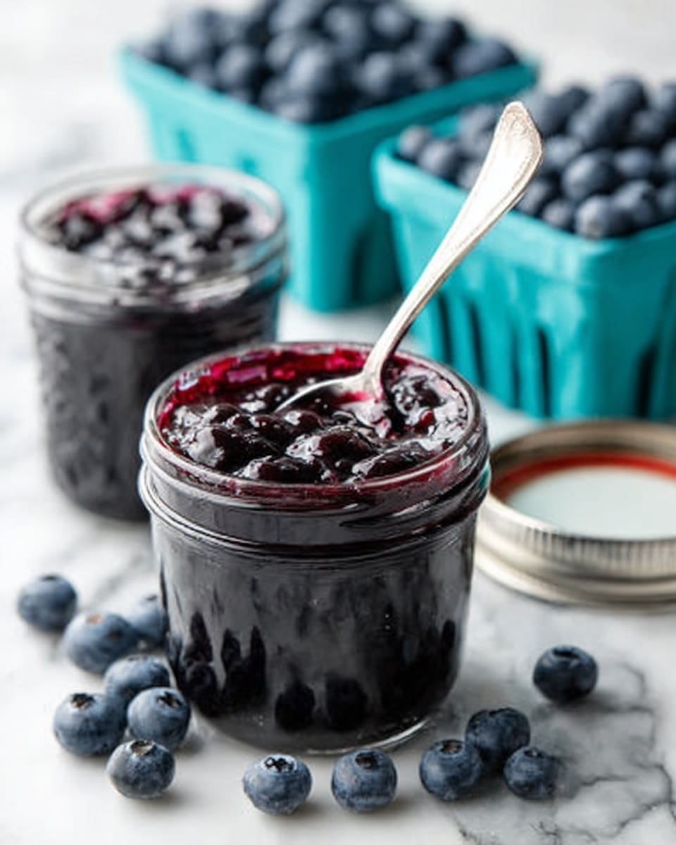 A square biscuit is cut in half horizontally, dusted with powdered sugar on the top half, and filled with a thick, glossy dark purple blueberry jam that slightly oozes out from the sides. The biscuit has a golden, flaky texture with a light crumb. Surrounding the biscuit are fresh blueberries scattered on a white marbled surface. To the left, there is a glass jar filled with the same blueberry jam and a spoon resting next to it, with some jam spread on the spoon and a small drop on the marbled surface. In the background, a basket lined with a purple floral cloth holds more biscuits. photo taken with an iphone --ar 4:5 --v 7