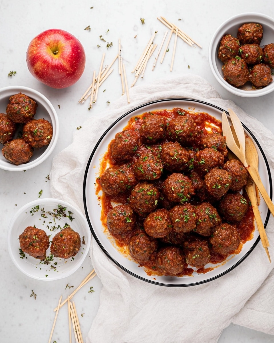 A black slow cooker fills most of the image, holding many small round meatballs covered in a thick, shiny brown sauce. A wooden spoon with a white scoop end is resting inside the cooker, lifting some saucy meatballs. Three red apples and several small round black peppercorns are scattered around the cooker on a white marbled surface, with a white cloth placed beneath the slow cooker. The photo is lit softly, highlighting the gloss on the meatballs and sauce, showing a warm and tasty dish. photo taken with an iphone --ar 4:5 --v 7