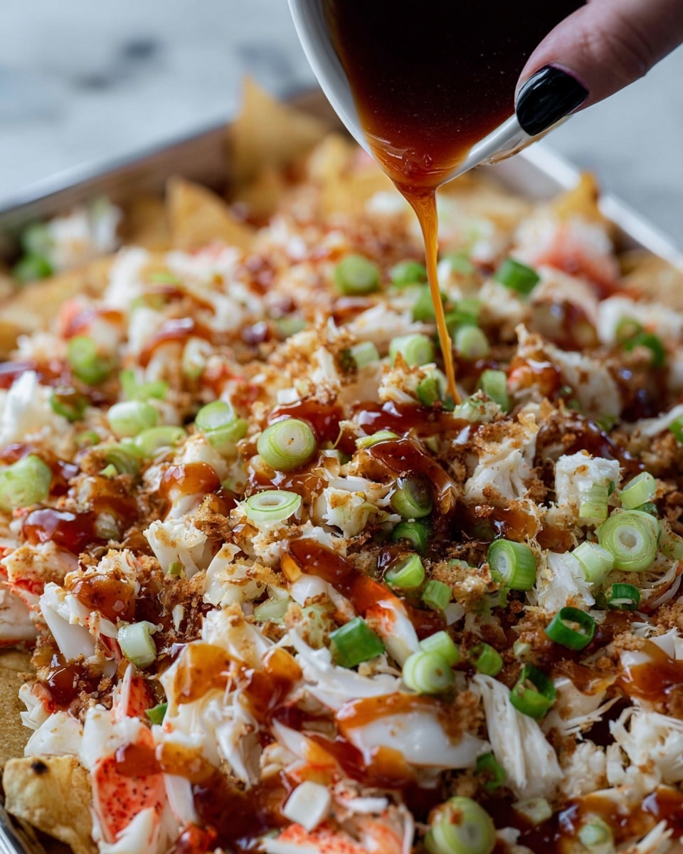 A large white rectangular tray filled with a layered dish. The bottom layer looks like crispy white fries or thin fries piled neatly. On top of this, there's a mix of finely chopped white onions, green herbs like cilantro, and small red tomatoes or red sauce spread evenly. Drizzly lines of white sauce and orange-red sauce cover the entire top, creating a colorful, textured look. The edges of the tray show the fries peeking through the toppings. The scene is set against a white marbled surface with a wooden bowl filled with green herbs in the background. photo taken with an iphone --ar 4:5 --v 7