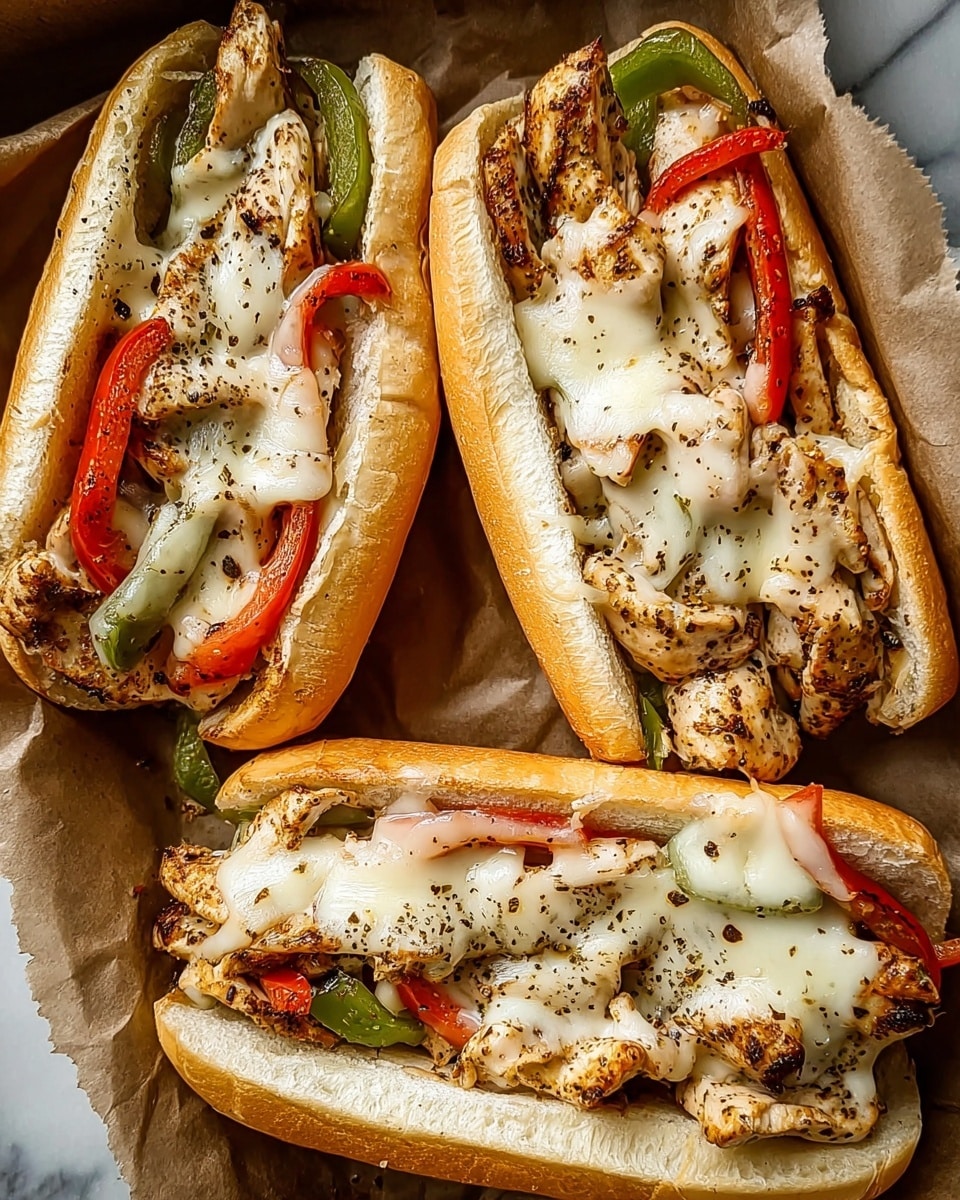 Three open sandwich rolls are placed side by side on brown parchment paper. Each sandwich has a soft, light brown bread roll as the base. Inside, there are pieces of cooked chicken seasoned with black pepper, mixed with strips of red, green, and yellow bell peppers. The chicken and pepper mix is topped with melted white cheese that covers most of the filling, with a slightly browned texture. The sandwiches sit on a white marbled surface, and the scene shows a close-up view of their warm, inviting layers. photo taken with an iphone --ar 4:5 --v 7