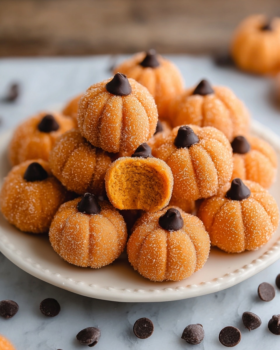 A white plate filled with small, round pumpkin-shaped treats arranged in a pile. Each treat is orange with fine sugar coating, giving a slightly sparkly texture. The surface of each treat has thin, vertical grooves to mimic pumpkin segments. On top of every pumpkin is a single dark brown chocolate chip acting like a pumpkin stem. One pumpkin at the front shows a bite taken out, revealing a smooth, dense orange inside with the chocolate chip still on top. Around the plate and on the white marbled surface are a few scattered chocolate chips. photo taken with an iphone --ar 4:5 --v 7