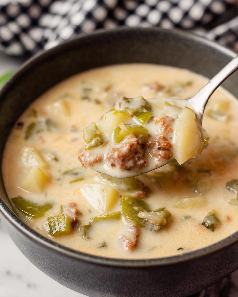 The image shows a white bowl filled with a rich, brownish-green soup with visible chunks of tender beef, soft mushrooms, and small pieces of green bell peppers. There are thin, white, noodle-like strips layered on top and mixed throughout the soup. A silver spoon rests inside the bowl, partially submerged in the broth, scooping up some beef, mushrooms, and noodles. The bowl is placed on a white marbled surface, with a green fabric napkin partially wrapped around it and part of a bread slice visible in the corner. Photo taken with an iphone --ar 4:5 --v 7