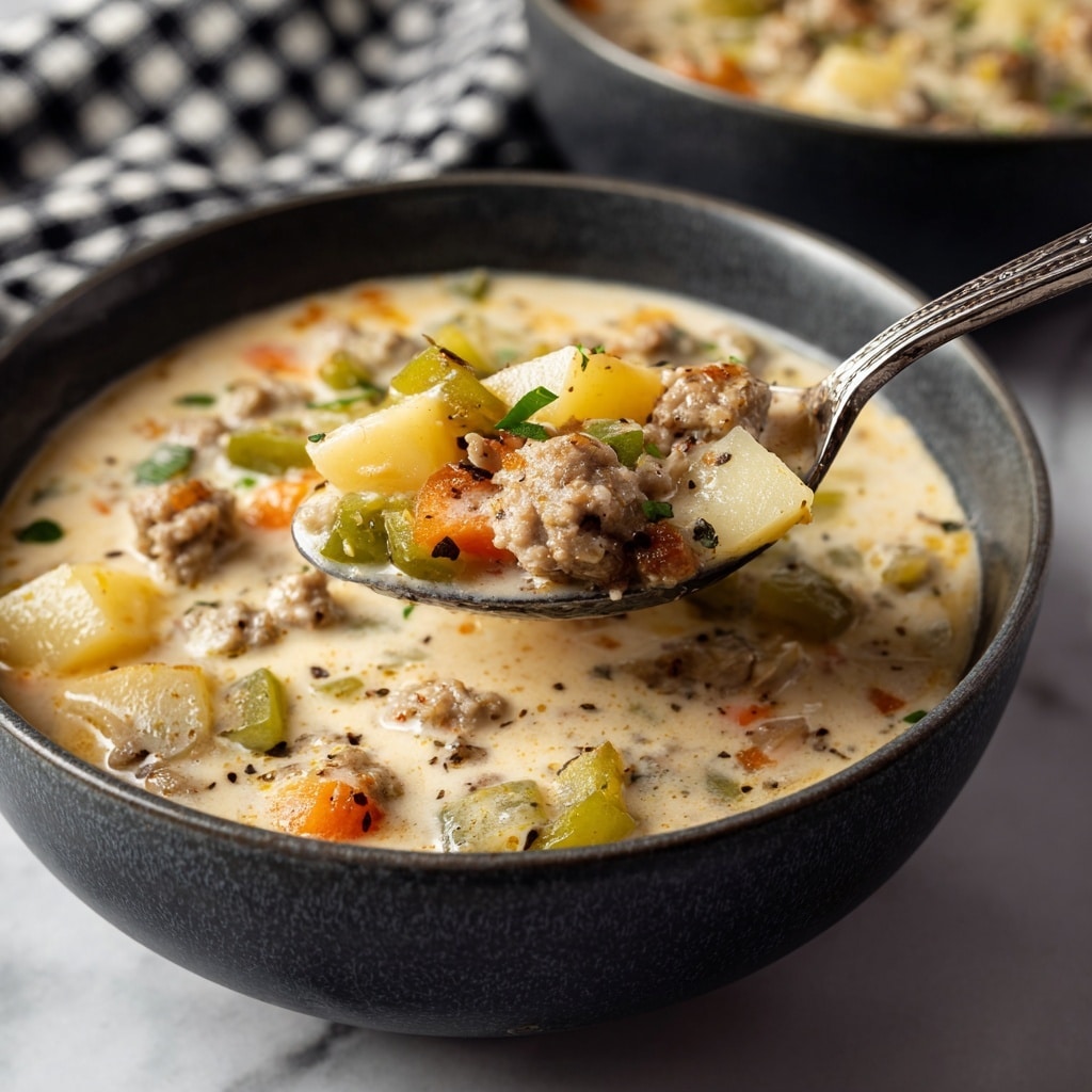 A white bowl filled with creamy soup that has chunks of shredded meat, pieces of green vegetables, and small bits of yellow vegetables mixed in. On top of the soup, there is a dollop of white cream and some thin slices of white cheese. The bowl is placed on a white marbled surface, with a beige and white striped cloth and a yellow spoon in the background. Photo taken with an iphone --ar 4:5 --v 7
