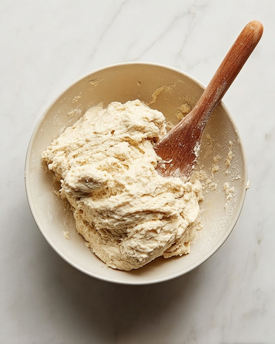 A white bowl filled with a sticky, rough-textured dough that looks soft and slightly uneven in shape, sitting on a white marbled surface. A wooden spoon with some dough residue rests inside the bowl, the spoon's texture smooth and polished with a natural wood color. The overall scene is bright with soft natural light highlighting the dough’s texture. photo taken with an iphone --ar 4:5 --v 7
