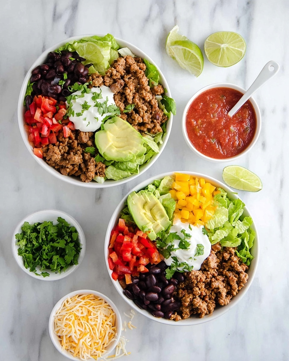 Two white bowls on a white marbled surface each contain a layered salad with six sections: a green lettuce base, topped with cooked ground meat that is light brown with bits of onion, a cluster of black beans, bright yellow diced bell peppers, chopped red bell peppers, and chopped green onions. Each bowl also has a scoop of white sour cream garnished with cilantro, slices of light green avocado, a sprinkle of shredded yellow and white cheese, and a lime wedge placed near the avocado. Surrounding the bowls are a white bowl of red salsa with a white spoon in it, a small white bowl with shredded cheese, and a small white bowl with fresh green cilantro. Photo taken with an iphone --ar 4:5 --v 7