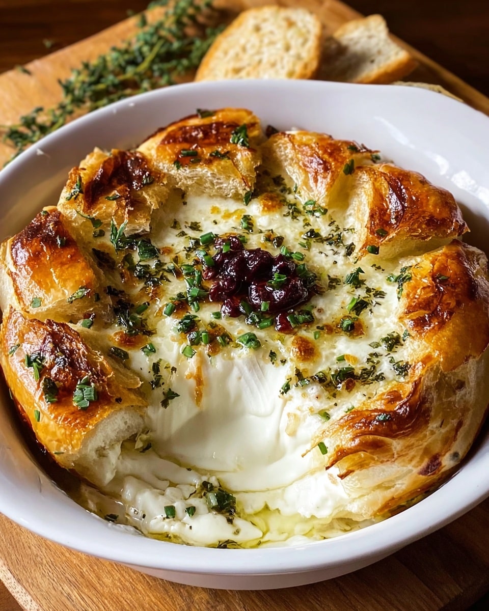 A round baked dish with a golden brown, crispy outer layer that looks like puff pastry, folded up around the edges. Inside, there is a smooth, creamy white cheese that is soft and melting, oozing out slightly onto the white plate underneath. The top of the cheese is sprinkled with small chopped green herbs and there is a small cluster of dark red berries or dried fruit in the center. The plate sits on a wooden board with some fresh green herbs scattered around. Photo taken with an iphone --ar 4:5 --v 7