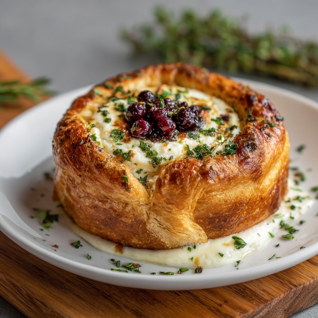 A round baked cheese with a golden, slightly browned top layer dotted with small thyme leaves. On the cheese surface, there are thinly sliced light brown mushrooms arranged in a loose circle near the center. The cheese has a creamy, soft texture visible around the edges, slightly melting onto the wooden board it rests on. Nearby, a woman's hand is about to pick up a toasted slice of bread that is golden with some darker spots, resting on the white marbled surface. The overall color palette is warm and inviting with whites, browns, and green from the thyme. photo taken with an iphone --ar 4:5 --v 7