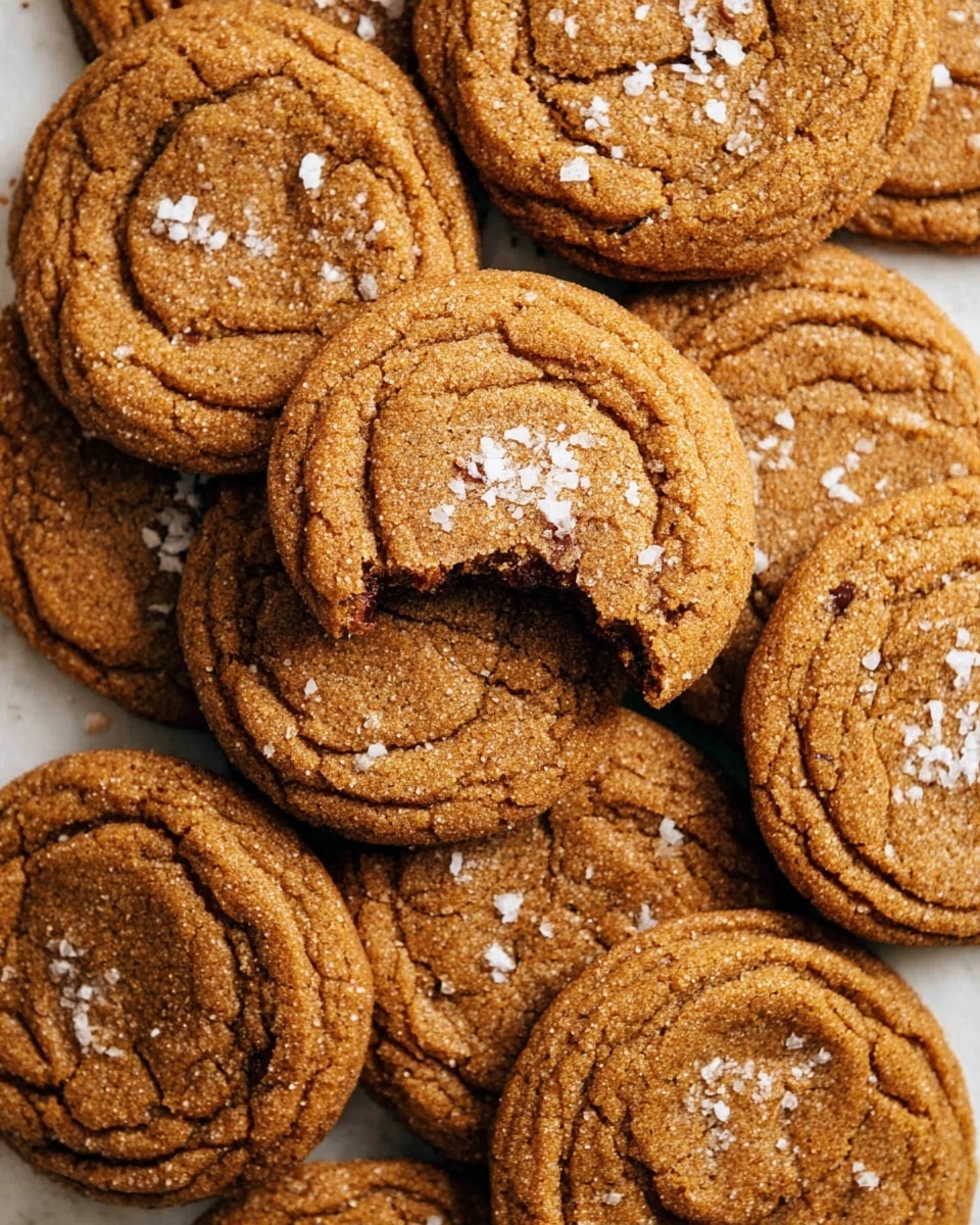 A close-up shot of a pile of soft, round cookies with a warm brown color and a slightly cracked texture on the surface. Each cookie is topped with a light sprinkle of coarse sea salt, adding a hint of white contrast. One cookie near the center has a large bite taken out of it, revealing a chewy inner texture with darker chocolate bits inside. The cookies are placed directly on a white marbled surface, emphasizing their golden-brown hue and inviting look. photo taken with an iphone --ar 4:5 --v 7