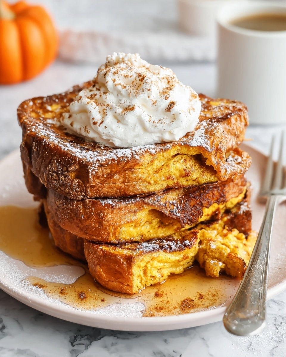 A stack of three thick, golden-brown French toast slices sits centered on a white plate, showing a crispy and slightly uneven texture on the edges and a soft, moist inside. The top slice is topped with a swirl of creamy white and yellow butter, with amber syrup being poured over it, creating a glossy, sticky shine. Powdered sugar is lightly dusted over the toast, adding a delicate white contrast. Around the plate, scattered chopped pecans add texture and a nutty brown color. The background is softly blurred showing warm orange shapes, all placed on a white marbled surface. Photo taken with an iphone --ar 4:5 --v 7